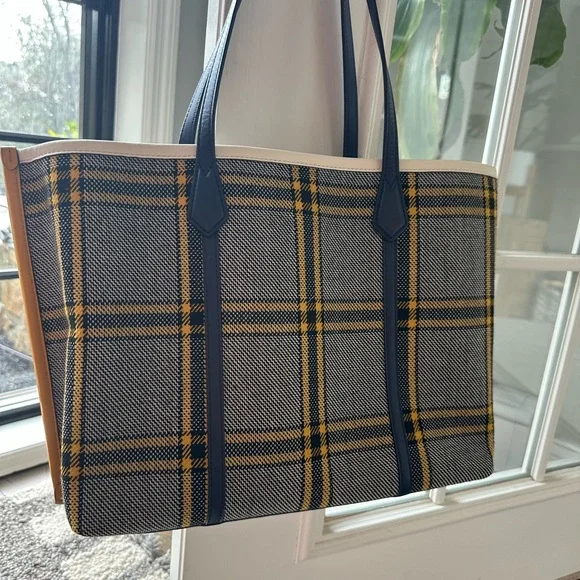 Tory Burch Plaid Tote in Yellow and Navy